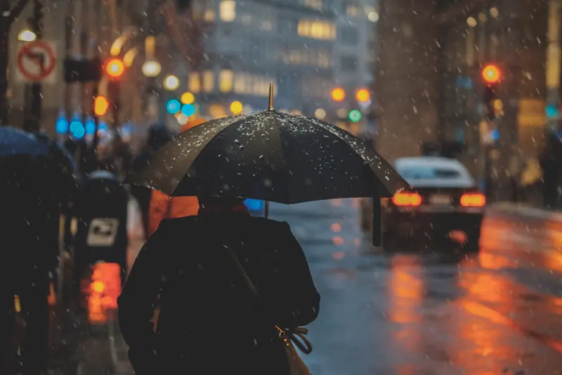 A person holding an umbrella on a rainy day