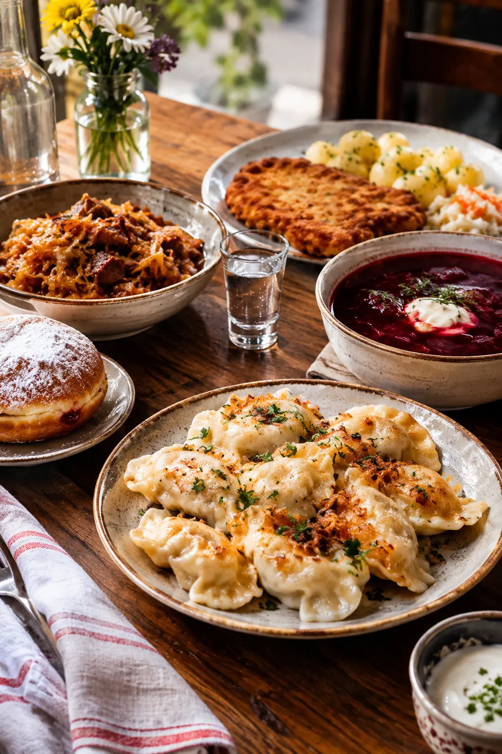 Table with traditional Polish dishes in Warsaw including fried pierogi dumplings, barszcz beet soup, potato pancakes, bigos stew, and paczki donuts