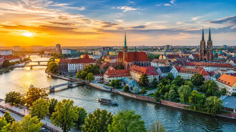 Wrocław Cathedral and historic buildings beside the Oder River
