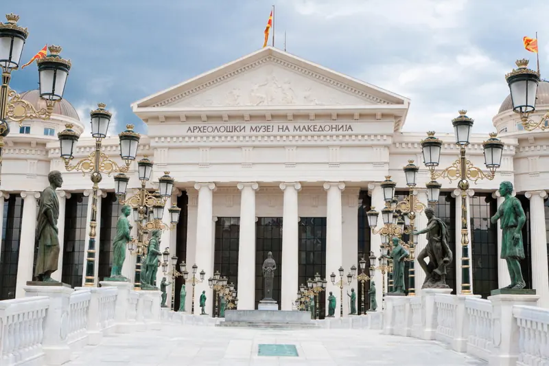 Modern monument and neoclassical architecture in Skopje city center