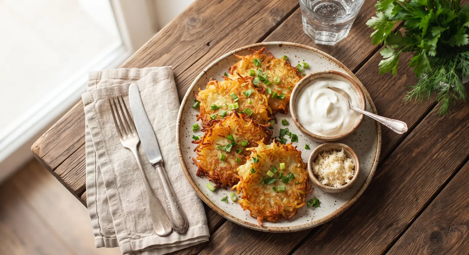 Plate of crispy placki ziemniaczane Polish potato pancakes with sour cream and chopped green onions on a rustic wooden table