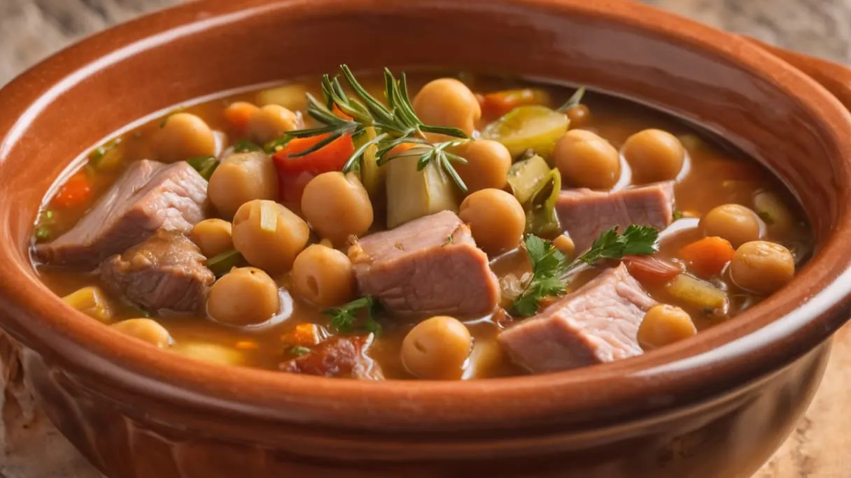 It is presented in a clay bowl and is made with beef tripe, chorizo pieces, and slices of morcilla (blood sausage)