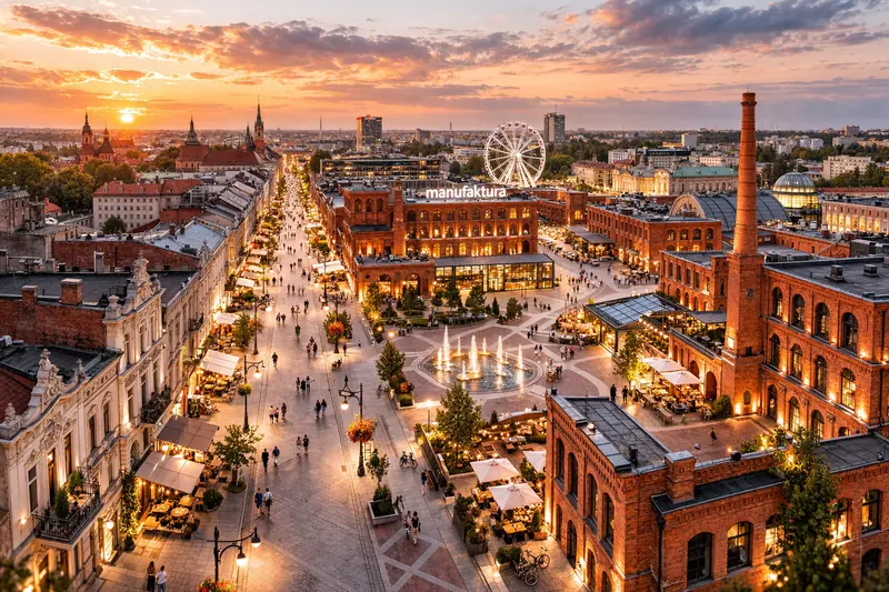 Golden hour bathes Łódź's industrial zone in warm light, highlighting the vibrant life and historic architecture of the Manufaktura complex, as the sun sets beautifully on the horizon.