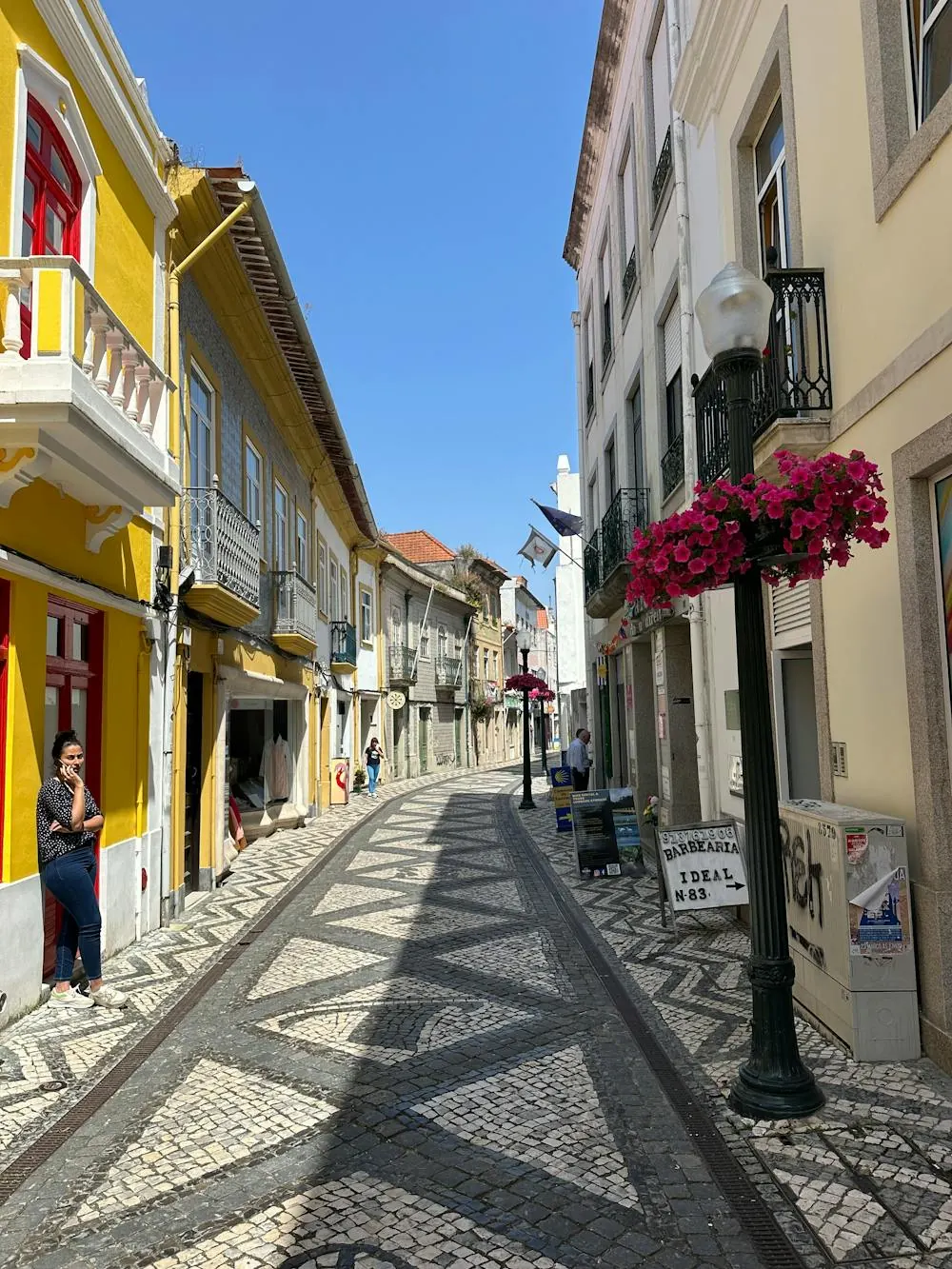 Traditional street in Aveiro with Portuguese mosaic pavement and colorful façades