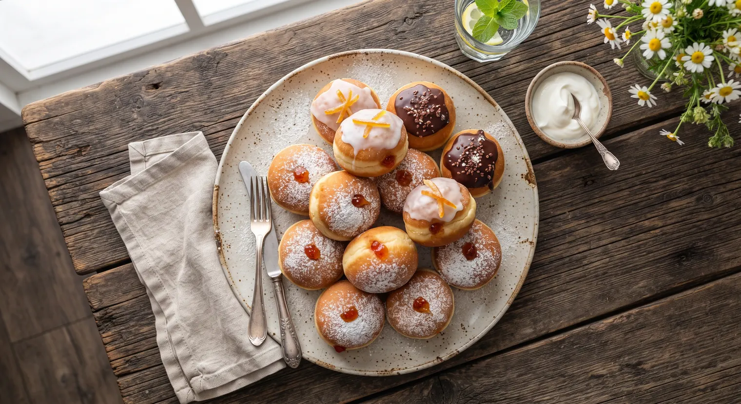 Plate of pączki Polish filled doughnuts with jam filling, powdered sugar, and icing on a rustic wooden table