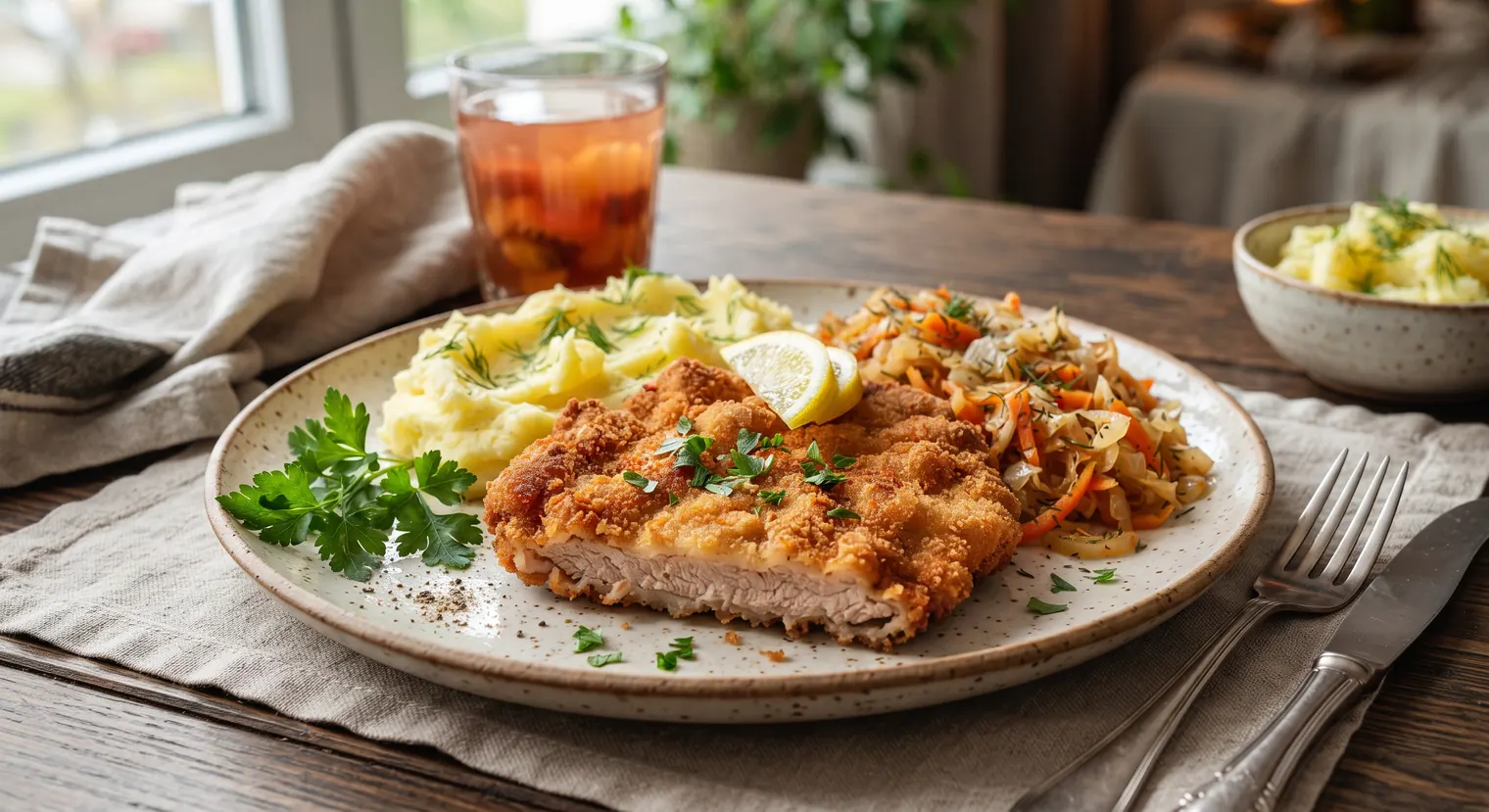 Plate of kotlet schabowy Polish breaded pork schnitzel with mashed potatoes, cabbage salad, parsley and lemon on a wooden table