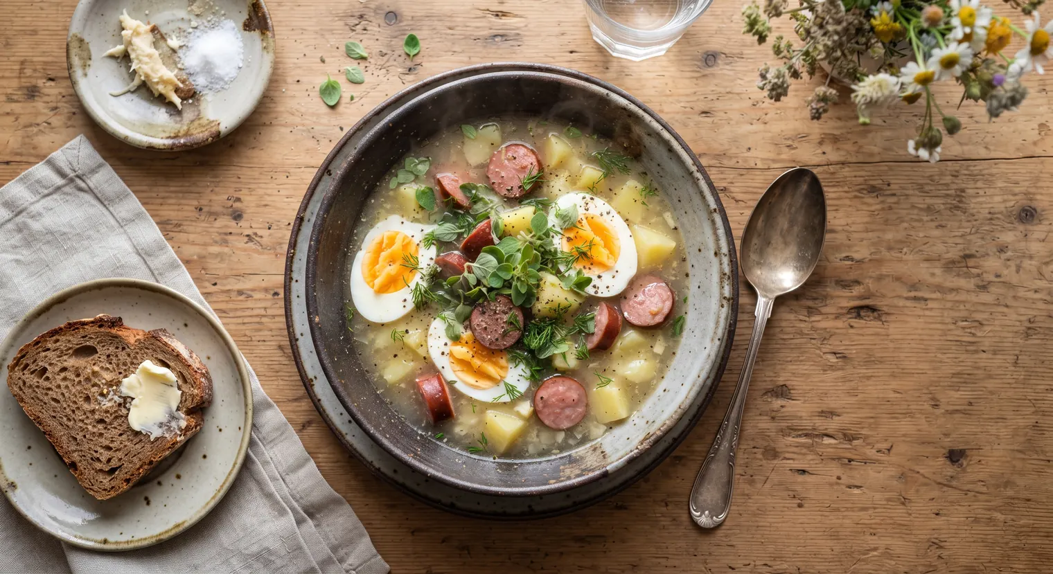 Top view of żurek Polish sour rye soup in a ceramic bowl with sliced sausage, boiled egg, potatoes, and fresh herbs on a wooden table