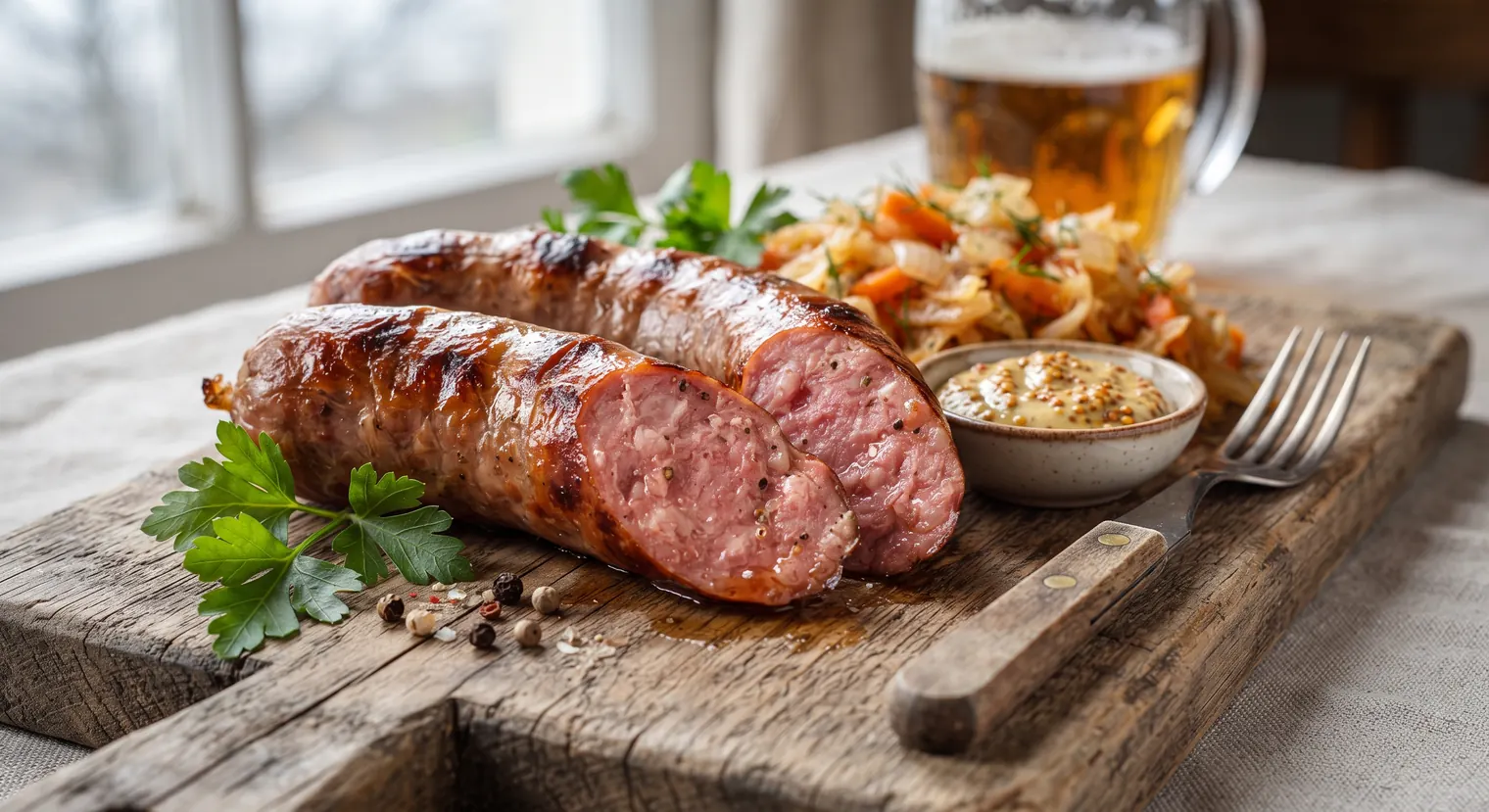 Grilled kiełbasa Polish sausage on a wooden board with sauerkraut, mustard, parsley and beer in the background