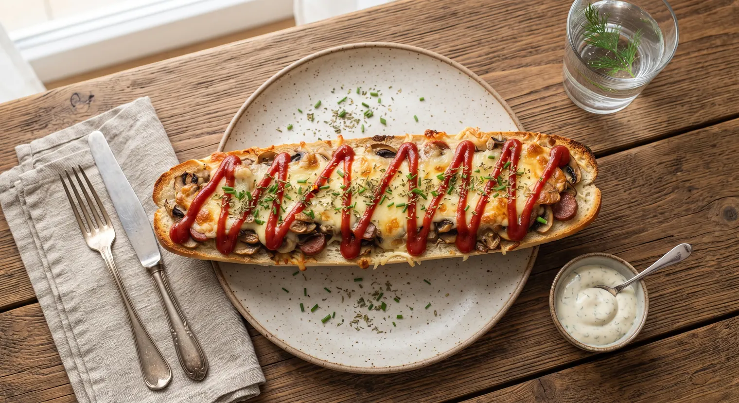 Traditional zapiekanka Polish toasted baguette with mushrooms, melted cheese and ketchup drizzle on a plate with garlic sauce