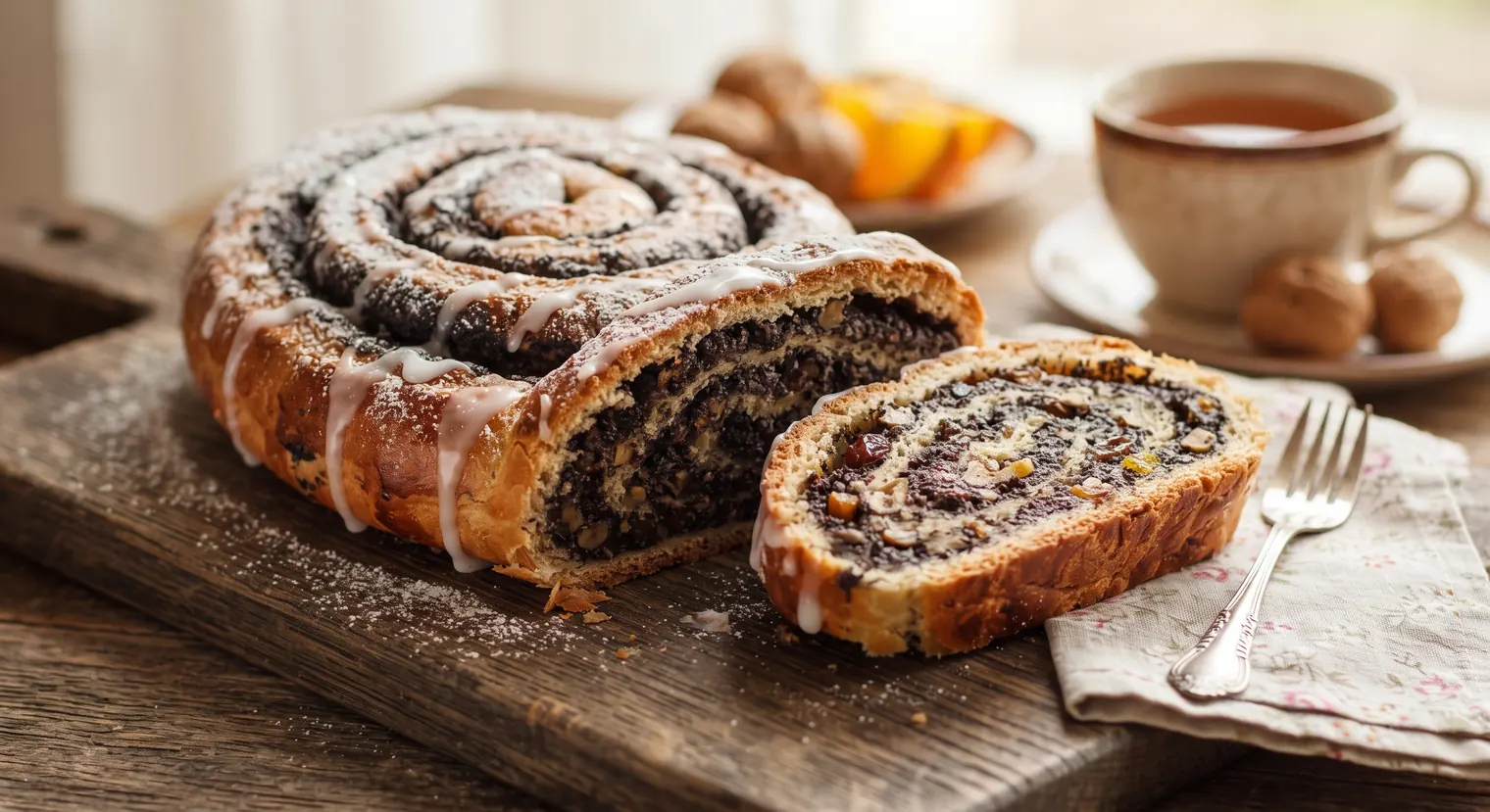 Sliced makowiec Polish poppy seed cake roll with icing on a wooden board with tea and powdered sugar
