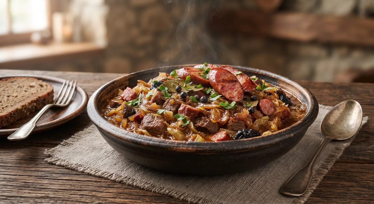 Rustic bowl of bigos Polish hunter's stew with sauerkraut, sausage, meat and herbs served with rye bread on a wooden table