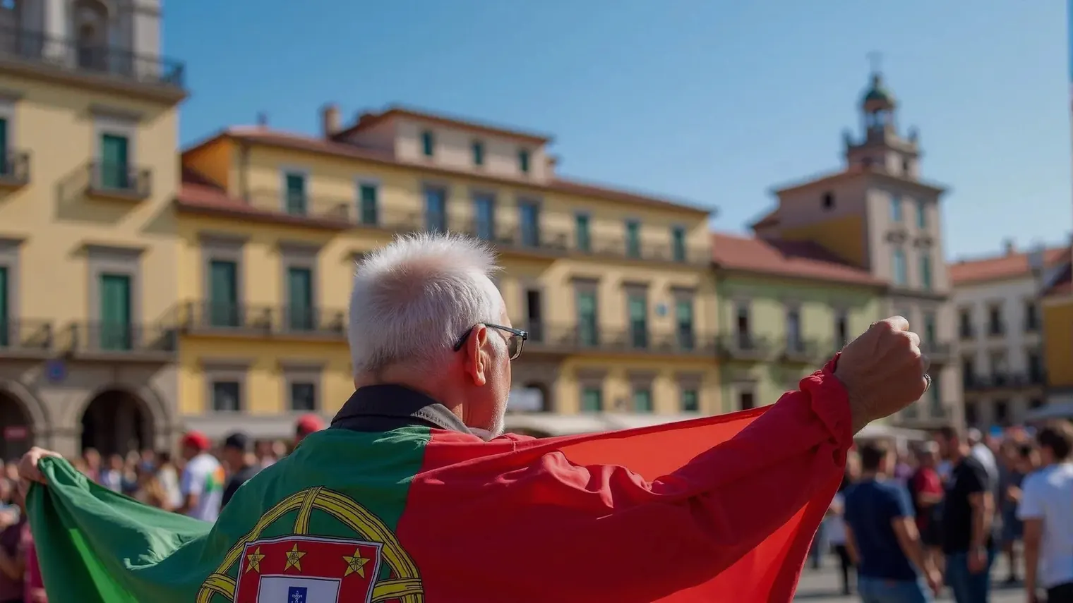 Man with white hair and glasses holds a Portuguese flag in a lively plaza with colorful buildings on a sunny day, creating a festive mood.