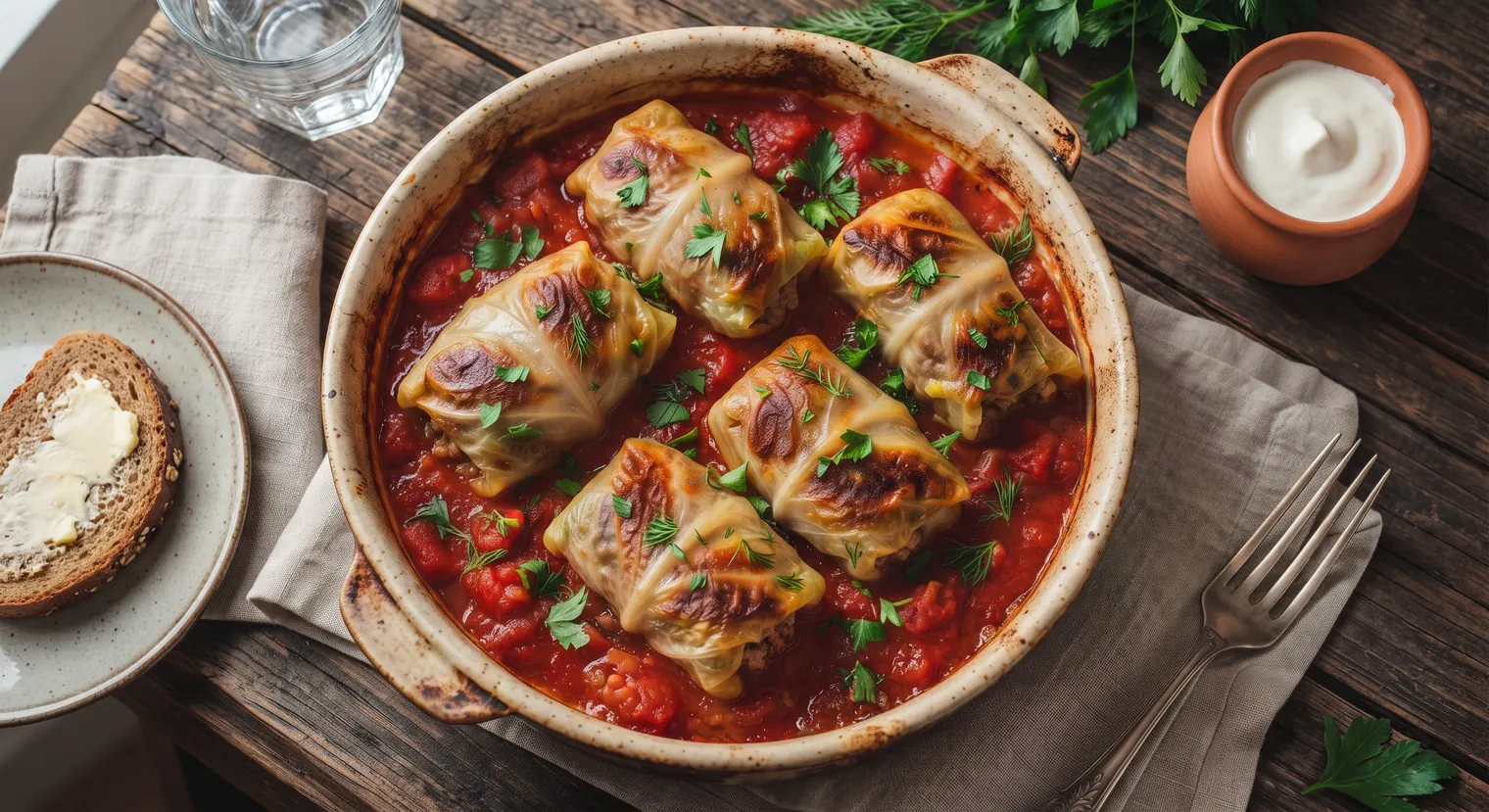 Ceramic dish of gołąbki Polish stuffed cabbage rolls in tomato sauce with sour cream, herbs and rye bread on a rustic wooden table