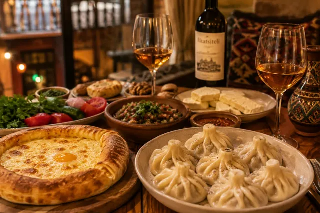 A table with food and wine in the Tbilisi supplier gallery.