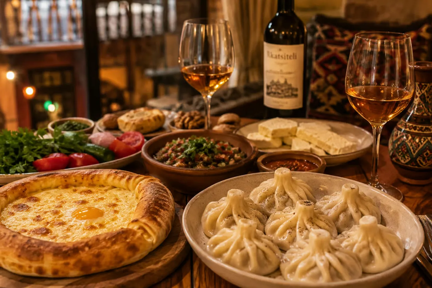 A table with food and wine in the Tbilisi supplier gallery.