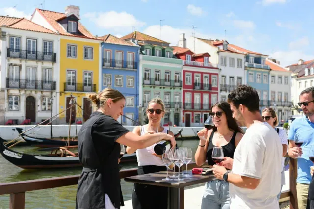 A group raising glasses beside Aveiro canals.
