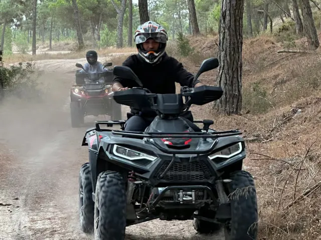 A helmeted rider on a quad among trees.